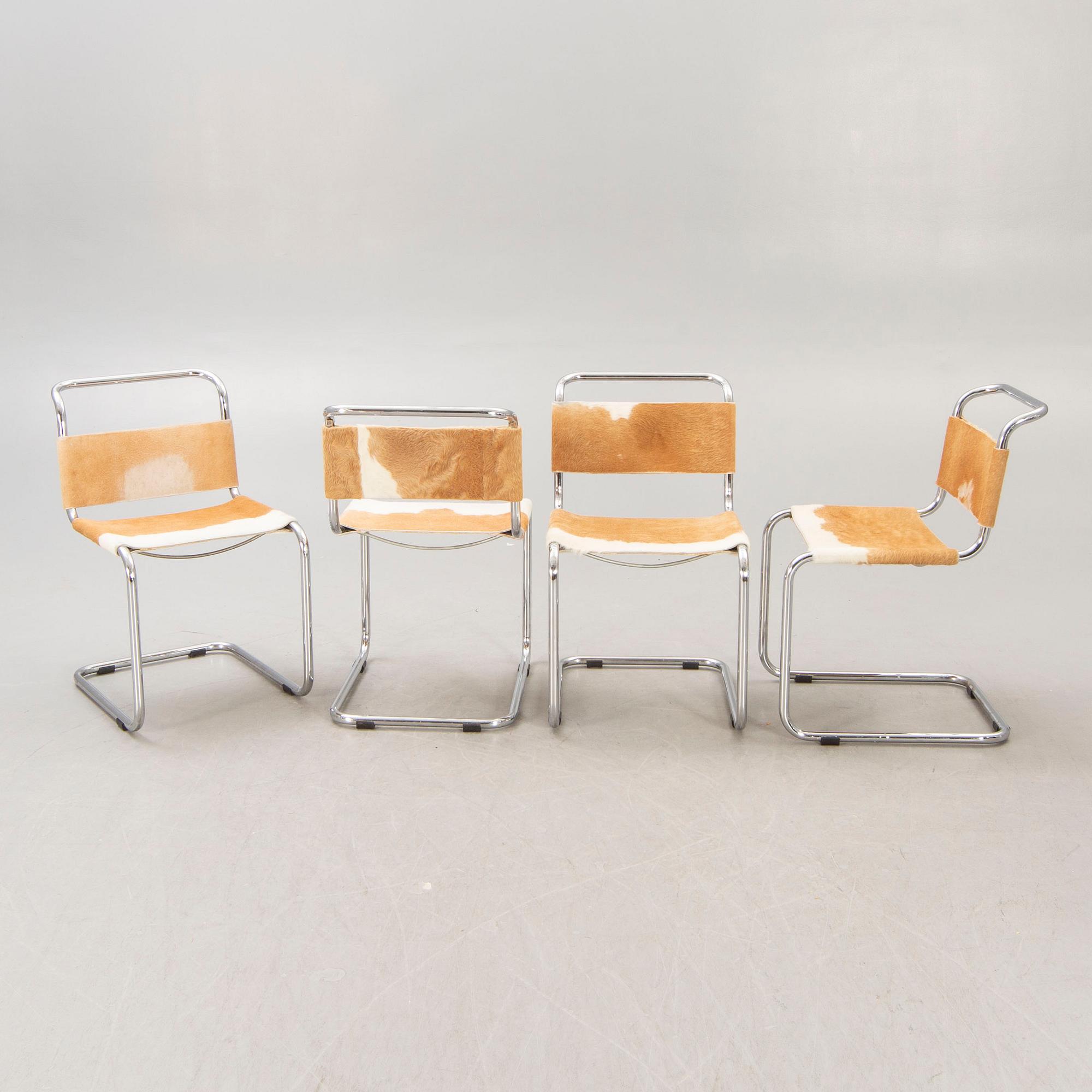 A set of four Italian chrome and cow skin later part of the 20th century.