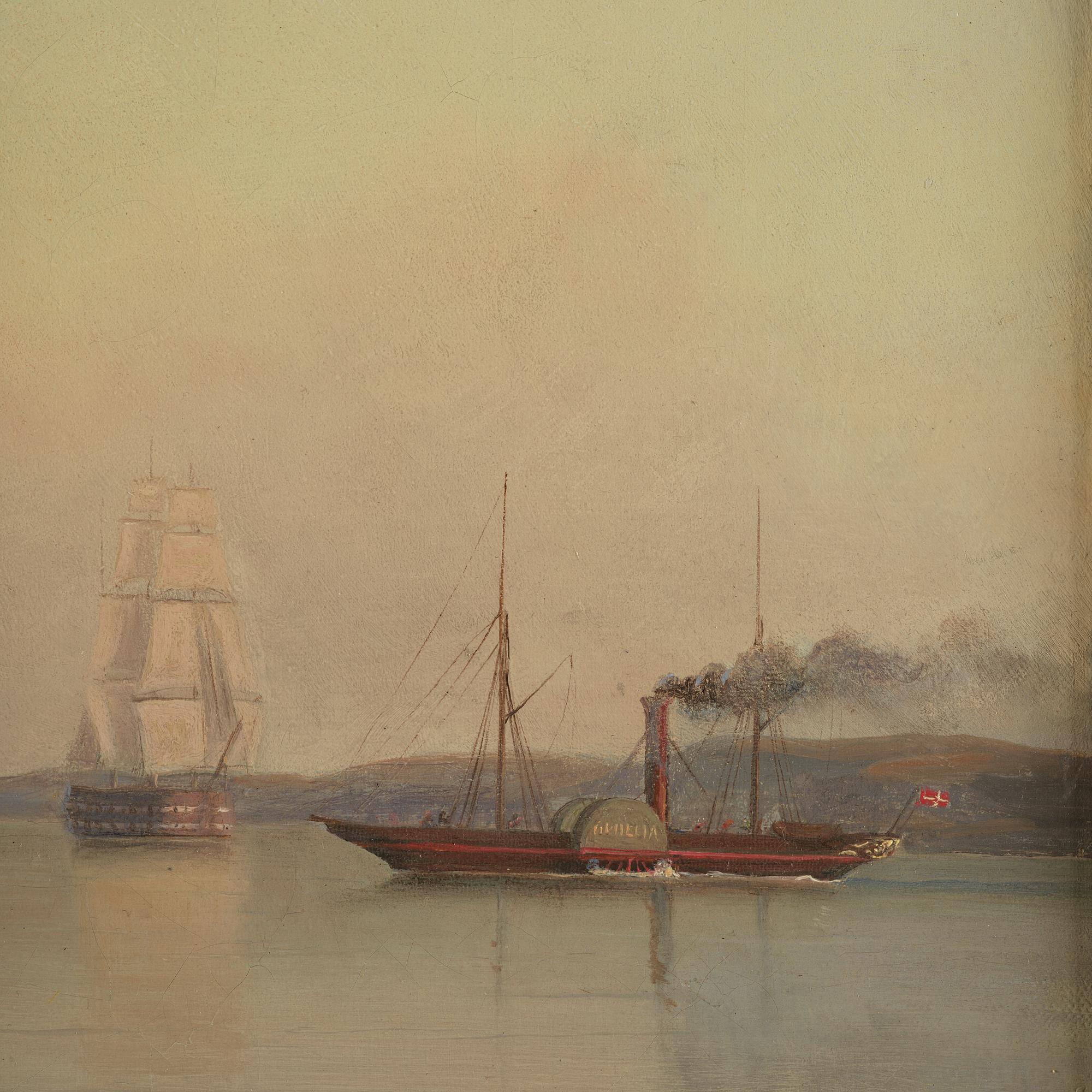 Ehrnfried Wahlqvist Warship at anchor in calm waters by Kronborg Castle.