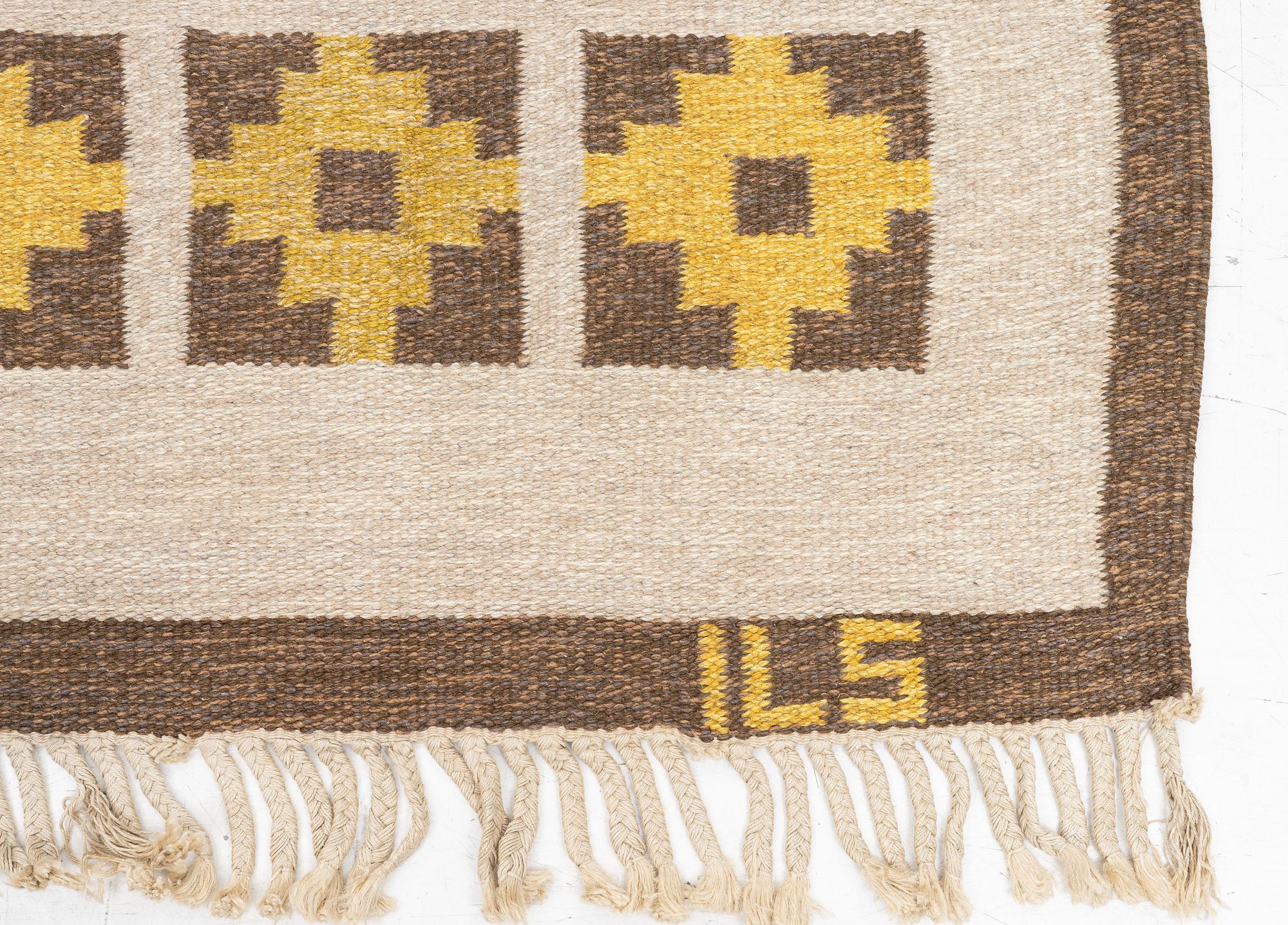 Ilsalestalon Mattolutomo, a flat weave rug, Kaukaba, Finland, signed ILS, c. 215 x 125 cm.