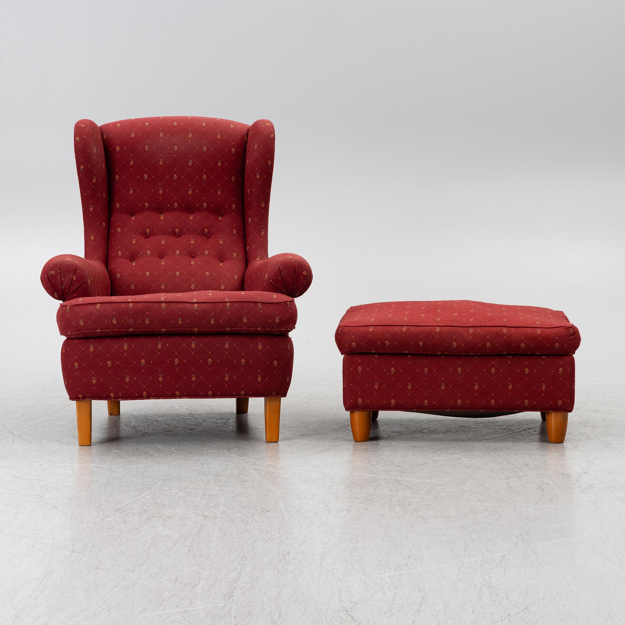 Carl Malmsten, a 'Häggbom' armchair with a 'Jättepaddan' ottoman, AB OH Sjögren, Tranås.