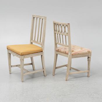 Six Gustavian chairs, different models, from Lindome, Sweden, around 1800.