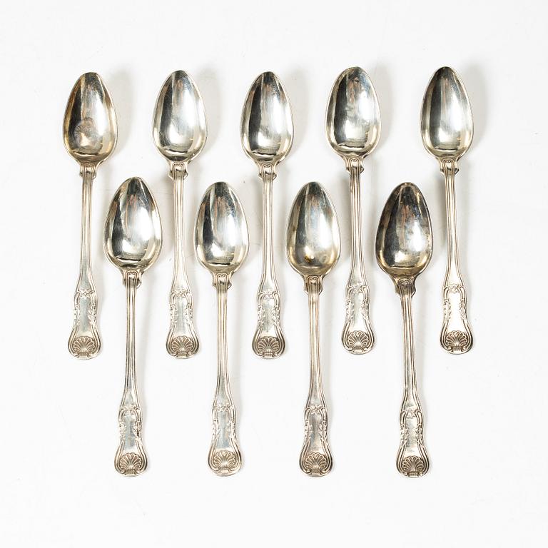 Petter Gökblad, a set of nine 'Engelsk snäck' silver tea spoons, Sweden, 1854.