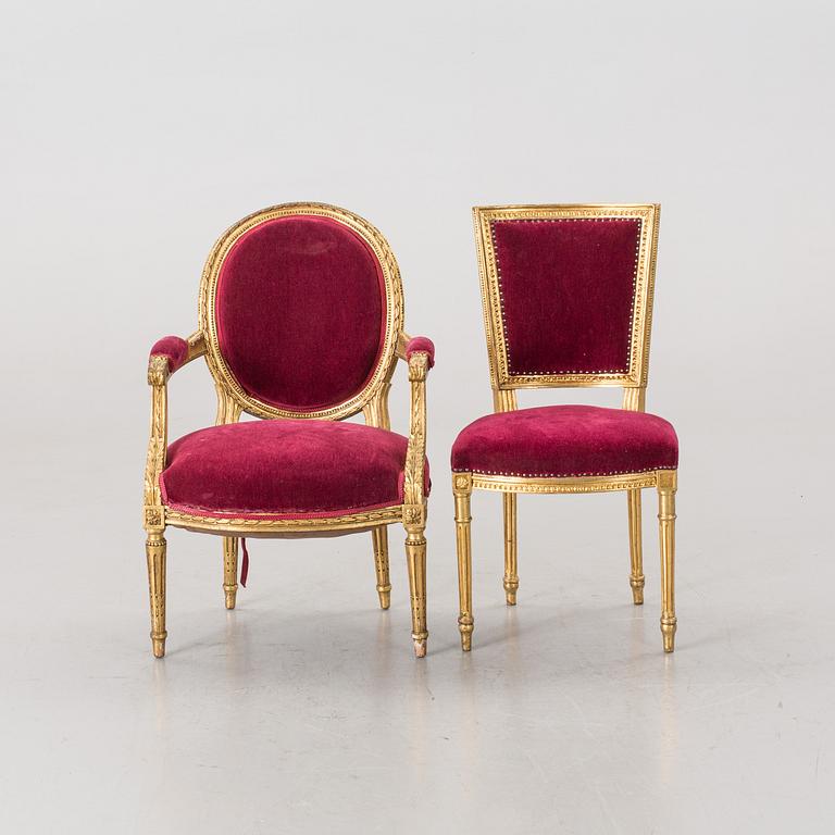 An Gustavian-style chair and armchair, early 1900's.
