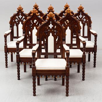 Eight Gothic Revival / Neo-Gothic Chairs, probably Austria, 19th century.