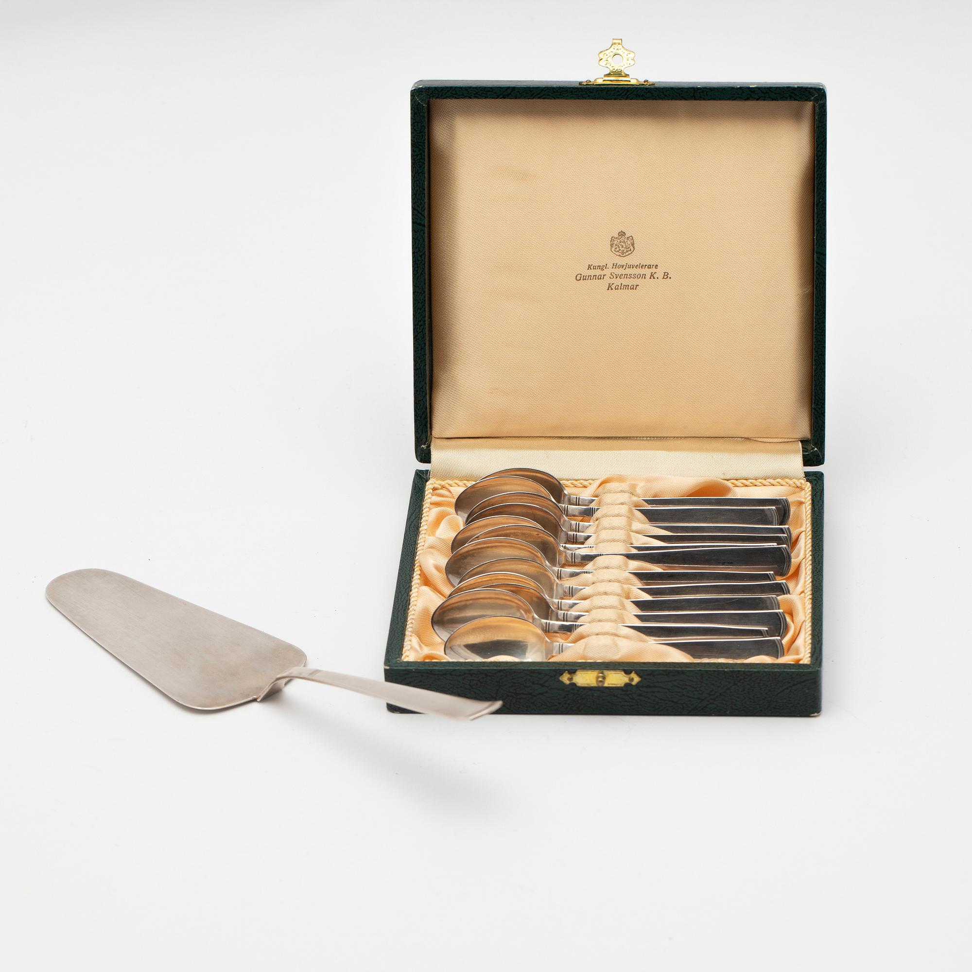 Jacob Ängman, kaffeskedar 12 st, samt tårtspade, silver, "Rosenholm", GAB, Stockholm.