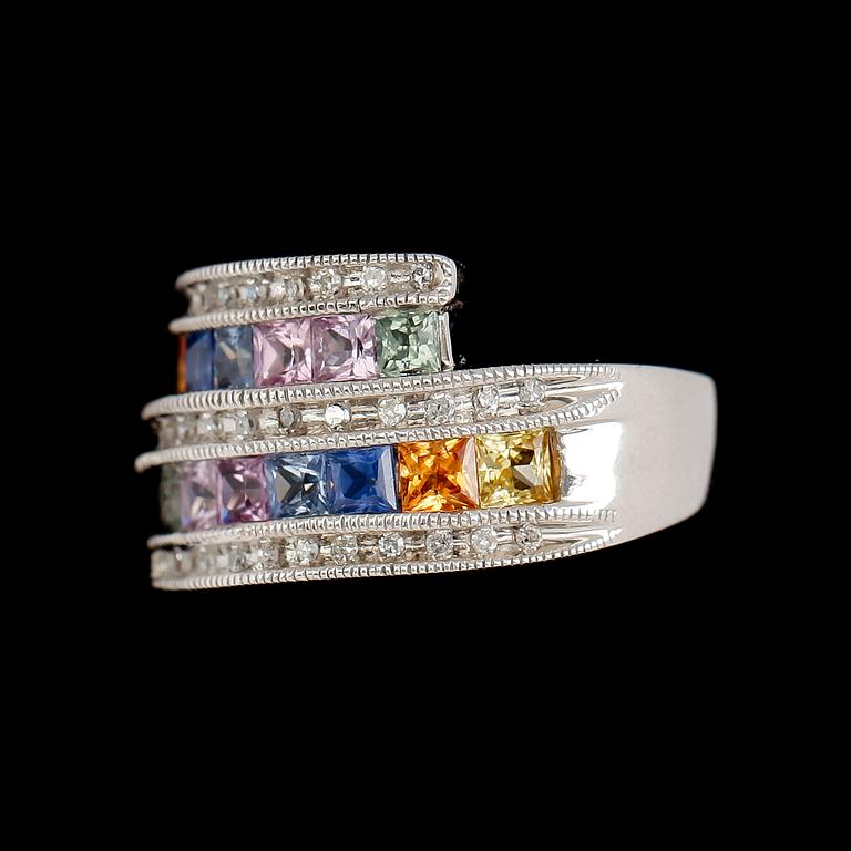 RING, 14 k vitguld, olikfärgade fasettslipade safirer, diamanter tot ca 0.20 ct.