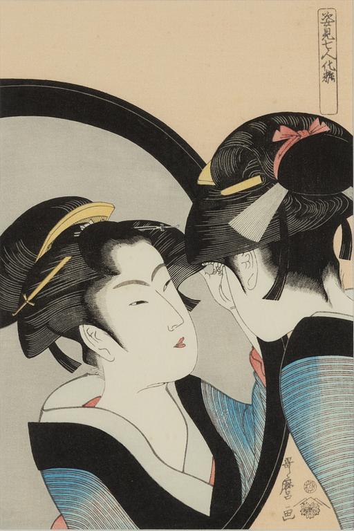 Kitagawa Utamaro, after, a woodblock print in colours, later part of teh 20th Century.