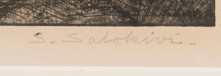 Santeri Salokivi, kuivaneula, signeerattu lyijykynällä.