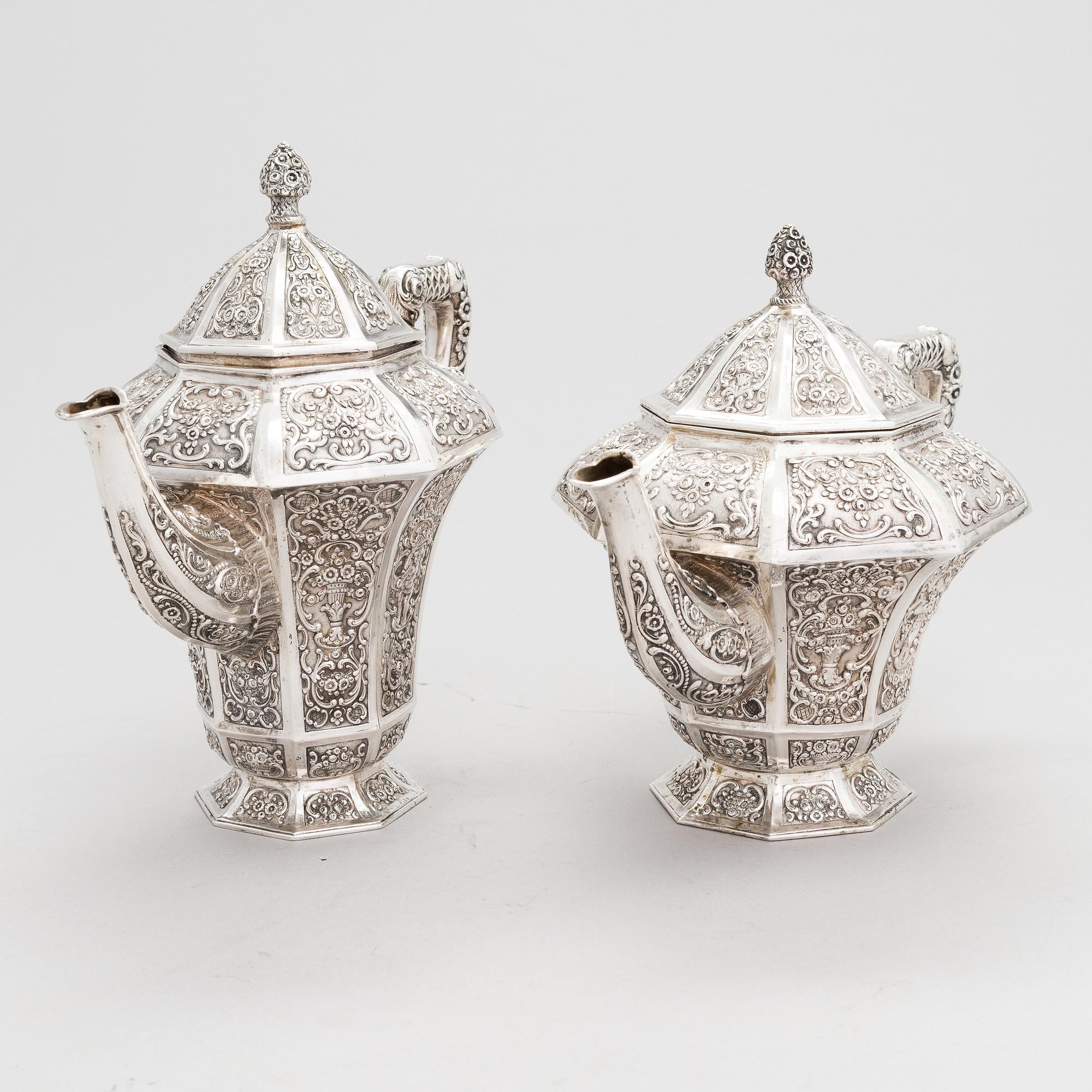 Te- och kaffeservis, 4 delar, silver, Tyskland 1900-talets första hälft.