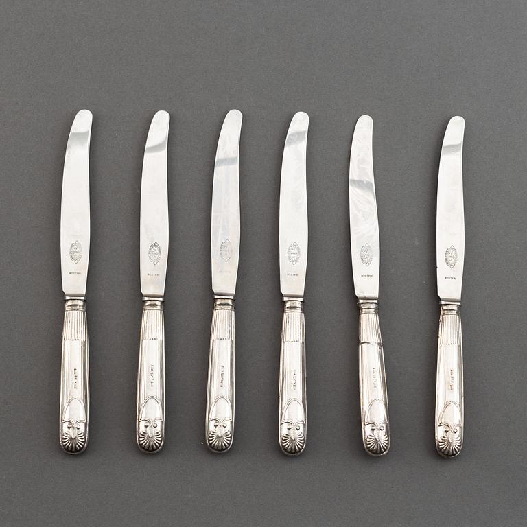 Six swedish silver knives, mark of Carl Gustaf Lundgren, Östersund 1867.
