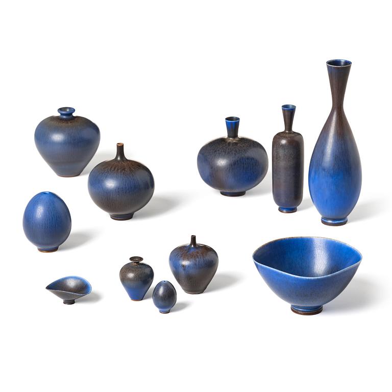 Berndt Friberg, a set of 9 stoneware vases and 2 bowls, Gustavsberg Studio, Sweden, 1964-69.