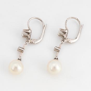 18K white gold, cultured pearl and brilliant-cut and eight-cut diamond earrings.