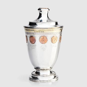 187. A Swedish Gustavian silver parcel-gilt beaker with cover and copper coins, mark of F Petersson Ström, Stockholm 1789.