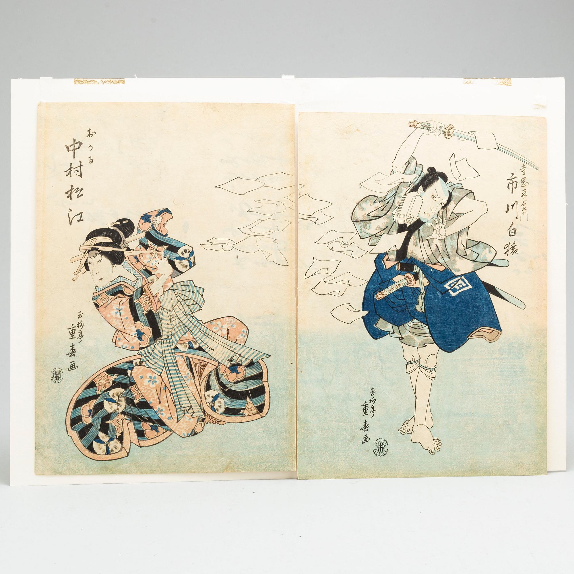 Five Japanese colored woodblock prints, including KUNIYOSHI, SHIGEHARU, KUNISADA, 19th century.