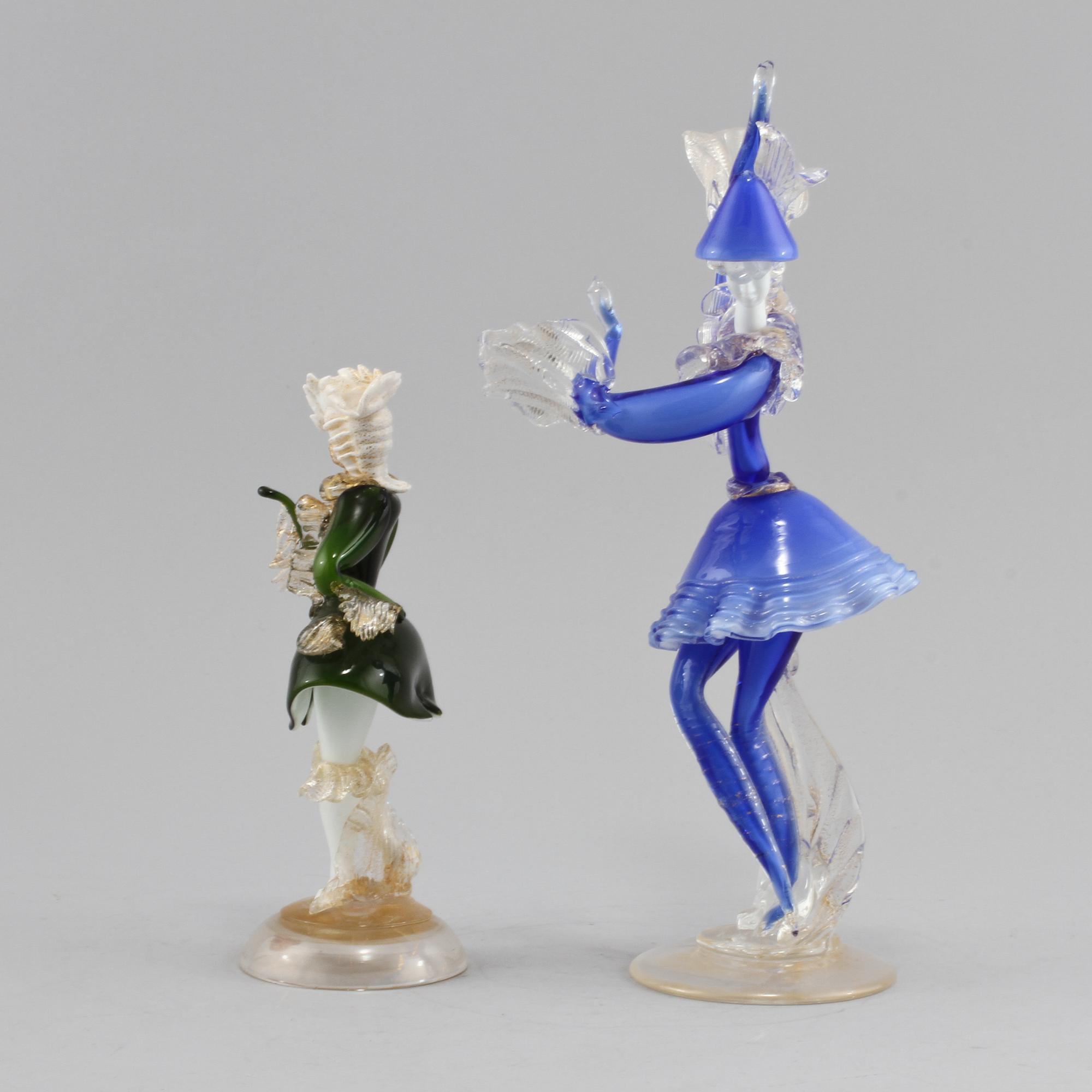 FIGURINER, 2 st, glas, Murano, Italien, 1900-talets andra hälft.