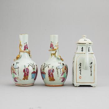 A pair of famille rose vases, and a tea pot, Qing dynasty, 19th Century and circa 1900.