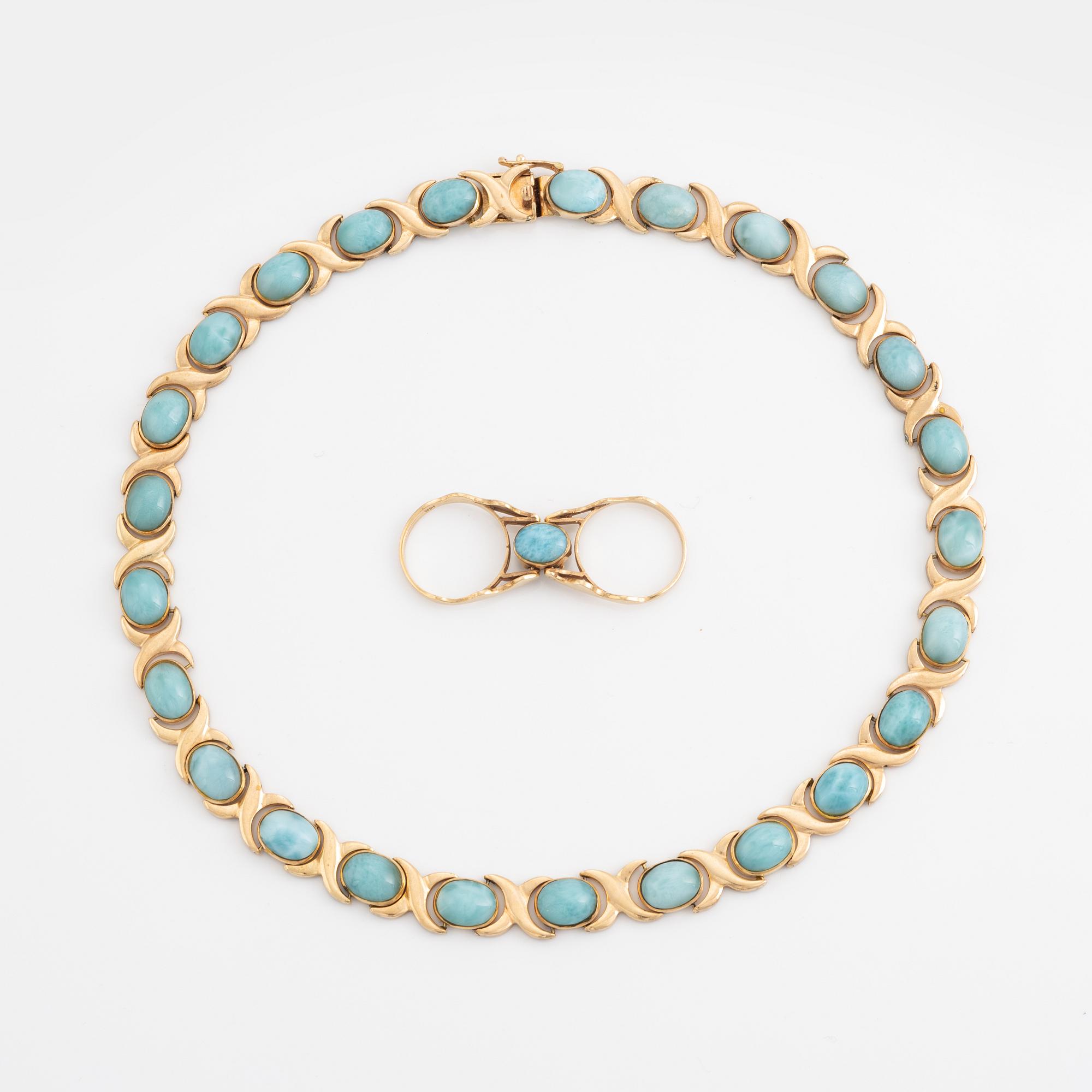 14K gold necklace and ring, with cabochon cut blue stones.