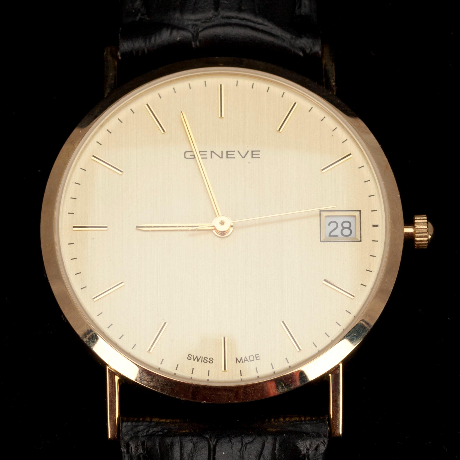 ARMBANDSUR, herr. Geneve, Schweitz 2000 t. 14 K guld. Kvartzurverk, datumruta.