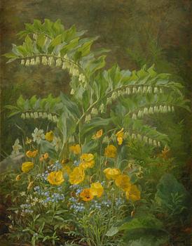 603. Anthonore Christensen, Forget-me-not, yellow poppies and other flowers in a landscape.