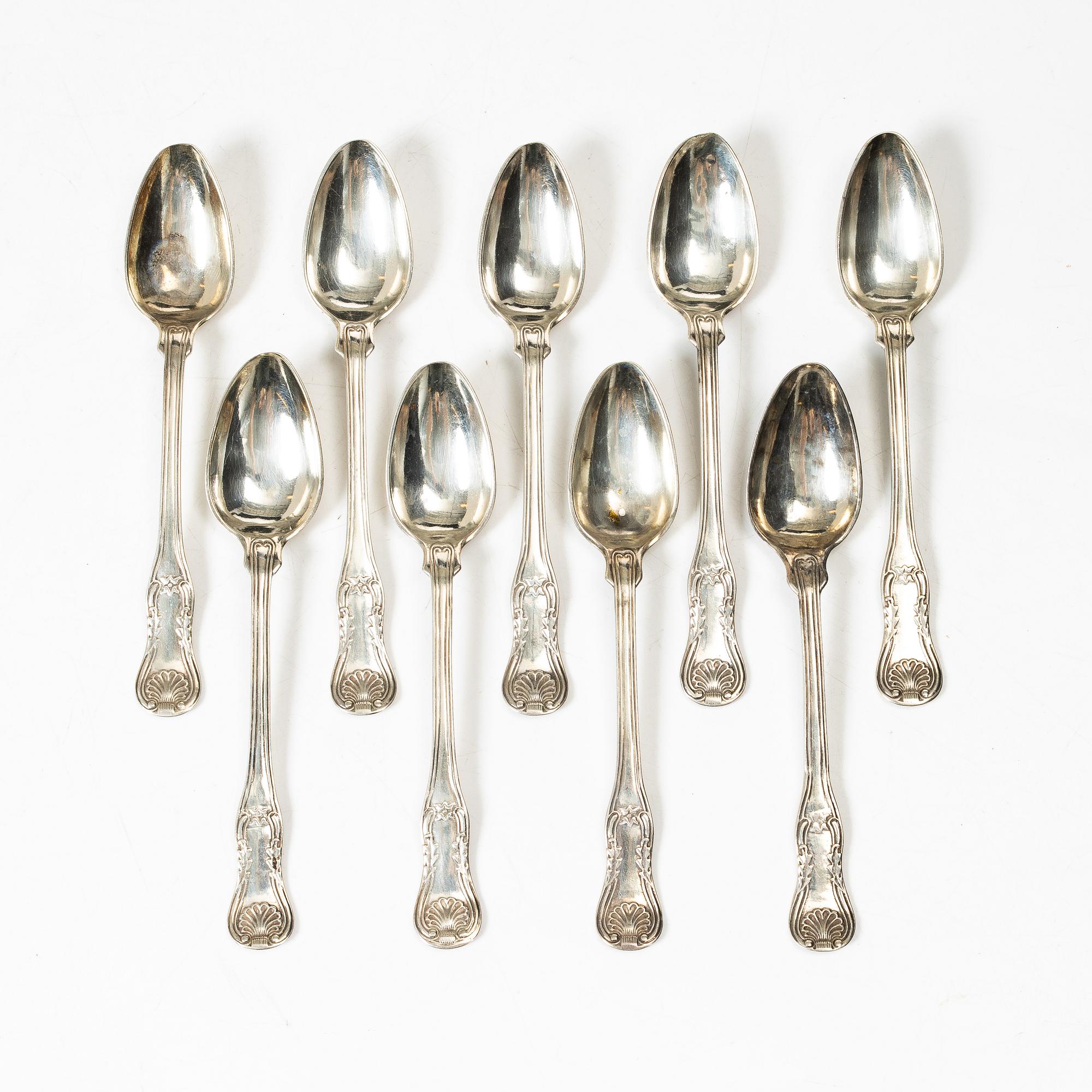 Petter Gökblad, a set of nine 'Engelsk snäck' silver tea spoons, Sweden, 1854.