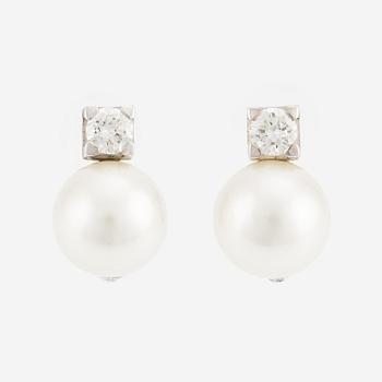 A pair of pearl and diamond earrings.