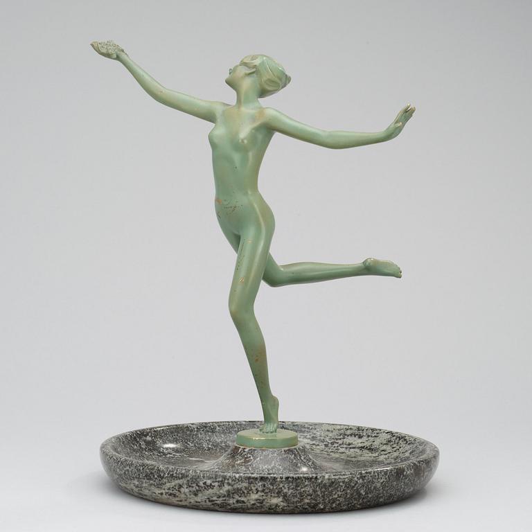 A Josef Lorenzl Art Deco green lacquered bronze figure of a nude, mounted to a marble dish, probably 1930's.