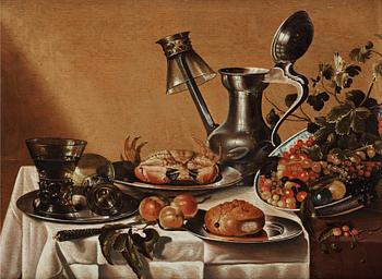 1103. Pieter Claesz Circle of, Still life with a tin pot, glass, a crab and fruits.