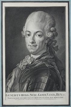 Per Gustaf Floding, "Gustav III” (1746-1792). Med träskuren och förgylld gustaviansk ram, krönt med riksvapnet.