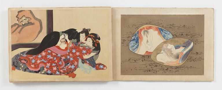 Konstnär från Utagawaskolan, Shunga album, Japan, sen Edo (1603 - 1868) eller Meiji (1868-1912). 14 målningar på siden.