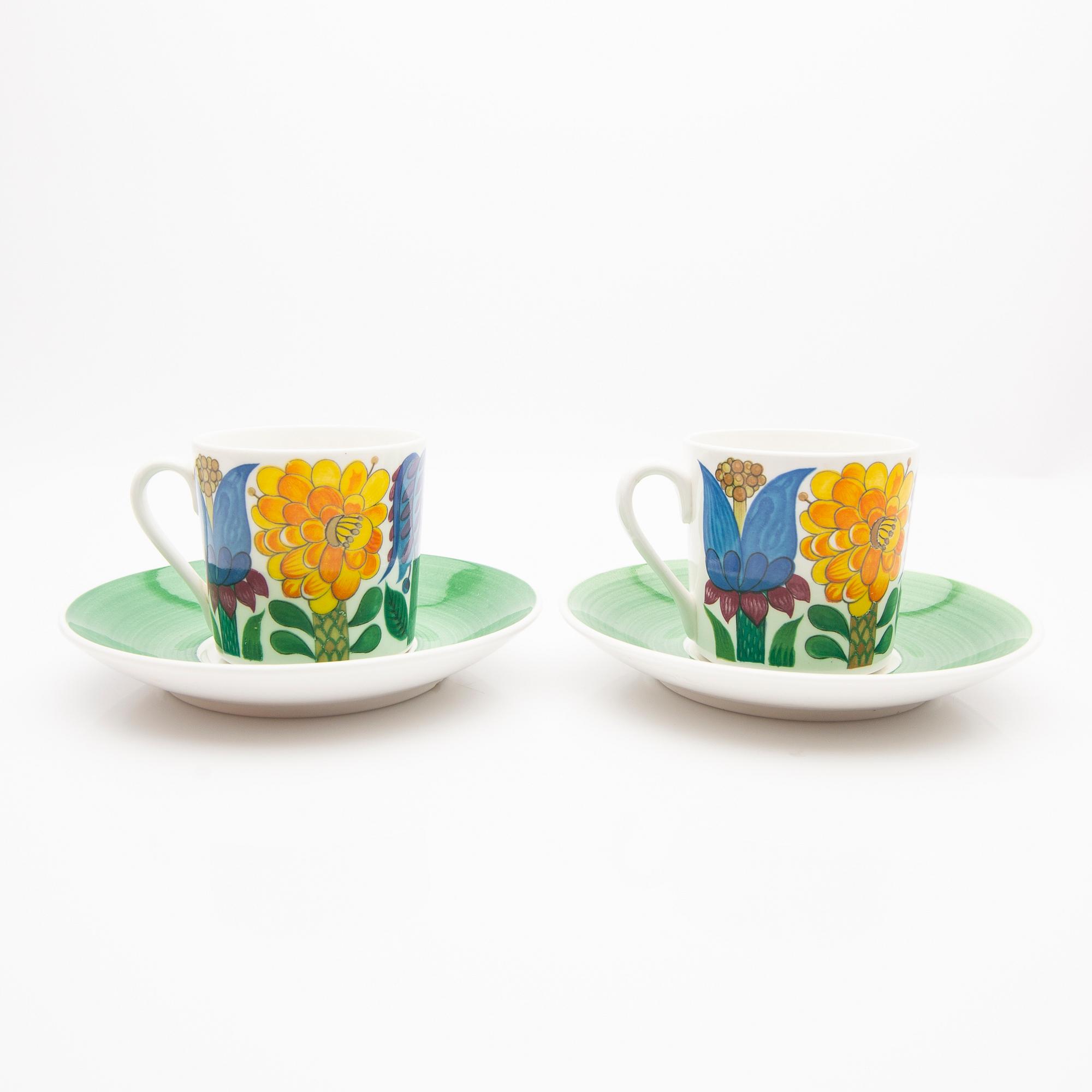 Stig Lindberg, Coffee cups with saucers, 12 pcs, + 2 saucers, "Tahiti", Gustavsberg, 1970s.