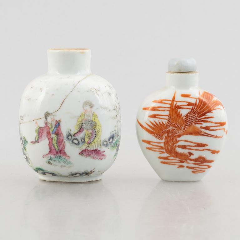 Two porcelain snuff bottles, China, late Qing dynasty.