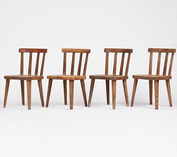 Axel Einar Hjorth, a set of four stained pine "Utö" chairs, Nordiska Kompaniet, Sweden, 1930s.