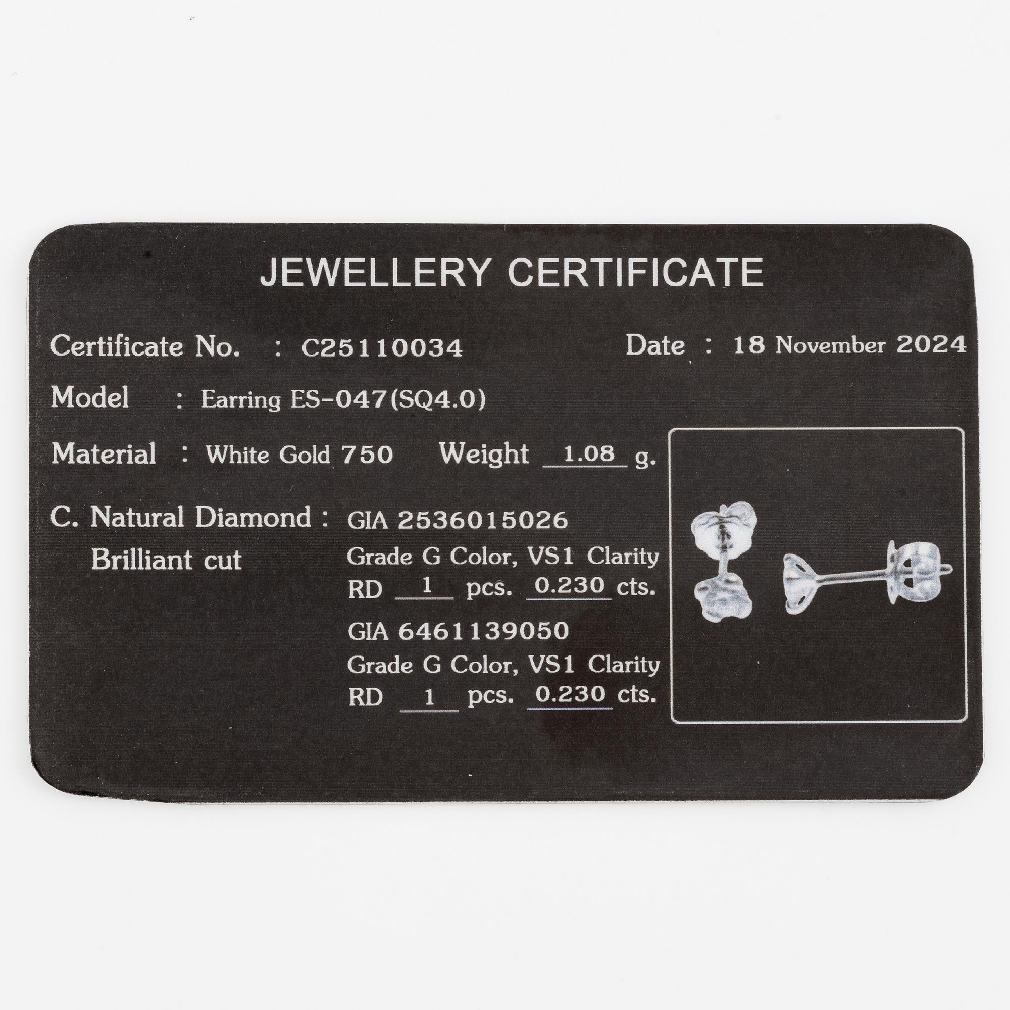 Earrings 18K white gold set with brilliant-cut diamonds, accompanied by GIA dossier.