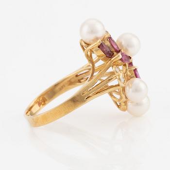 Ring, 14K gold with pearls, small diamonds, and red stones likely pink sapphires.