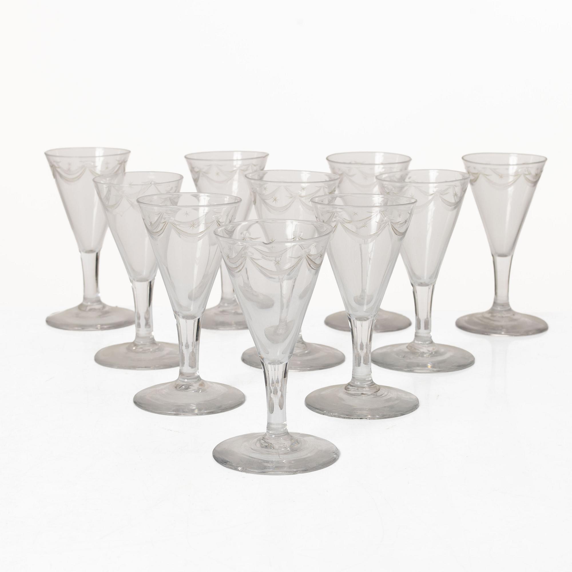 Spetsglas, tio stycken, omkring 1900.
