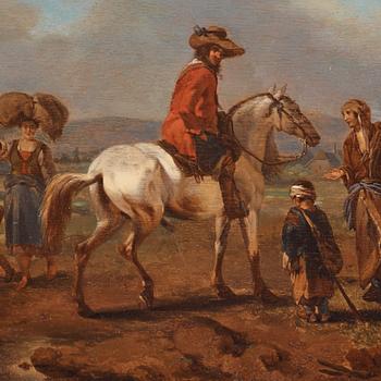 Philips Wouwerman Circle of, Landscape with rider on white horse, pack mule and figures.