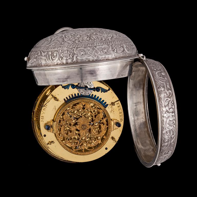 A silver verge pocket watch, Meynier, France, first half of 18th century.