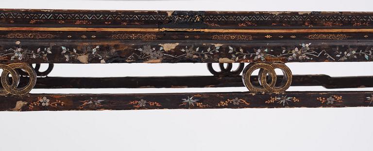 A  Chinese black lacquered altar table with mother of pearl inlay, 17th /18th Century.