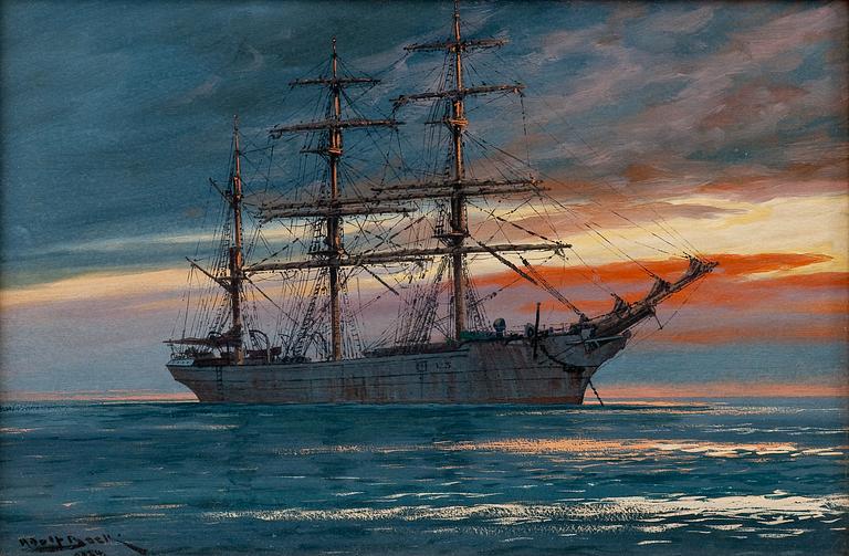 Adolf Bock, A SAILING SHIP IN THE SUNSET.