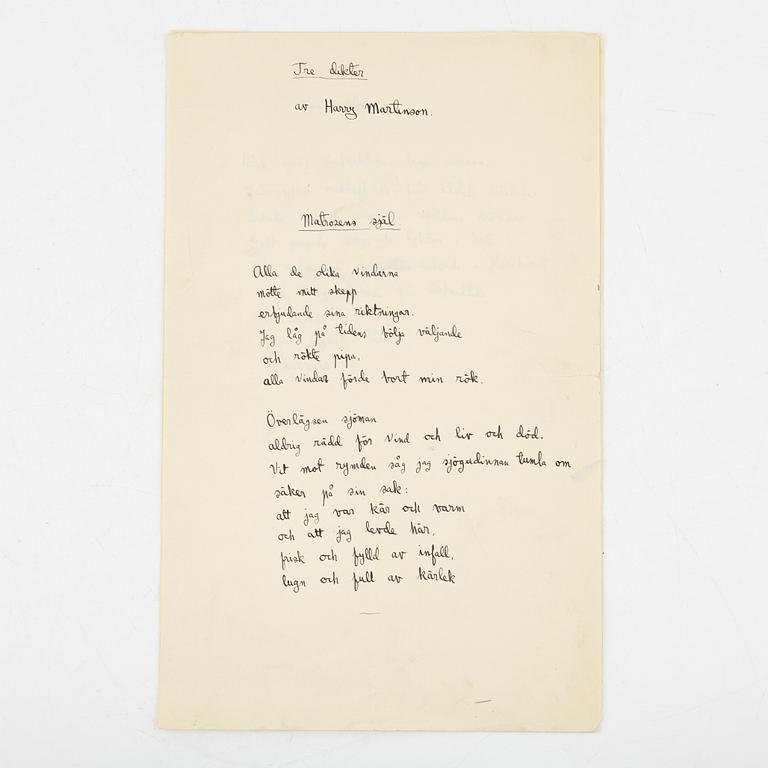 Tre diktmanuskript av Harry Martinson.