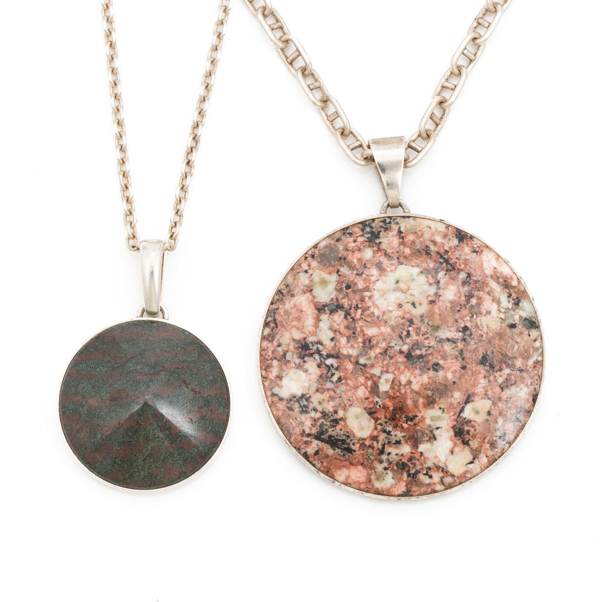 Two silver chains and pendants set with porfyry and jasper.