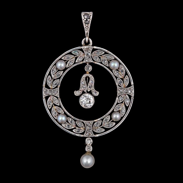 HÄNGE, gammalslipad diamant samt rosenslipade och orientaliska pärlor, ca 1905.