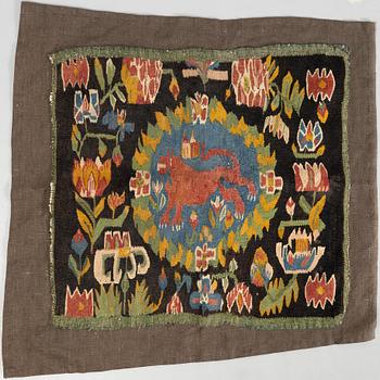 Jynne, "Red Lion", tapestry, 45 x 48 cm, Skåne, 19th century.