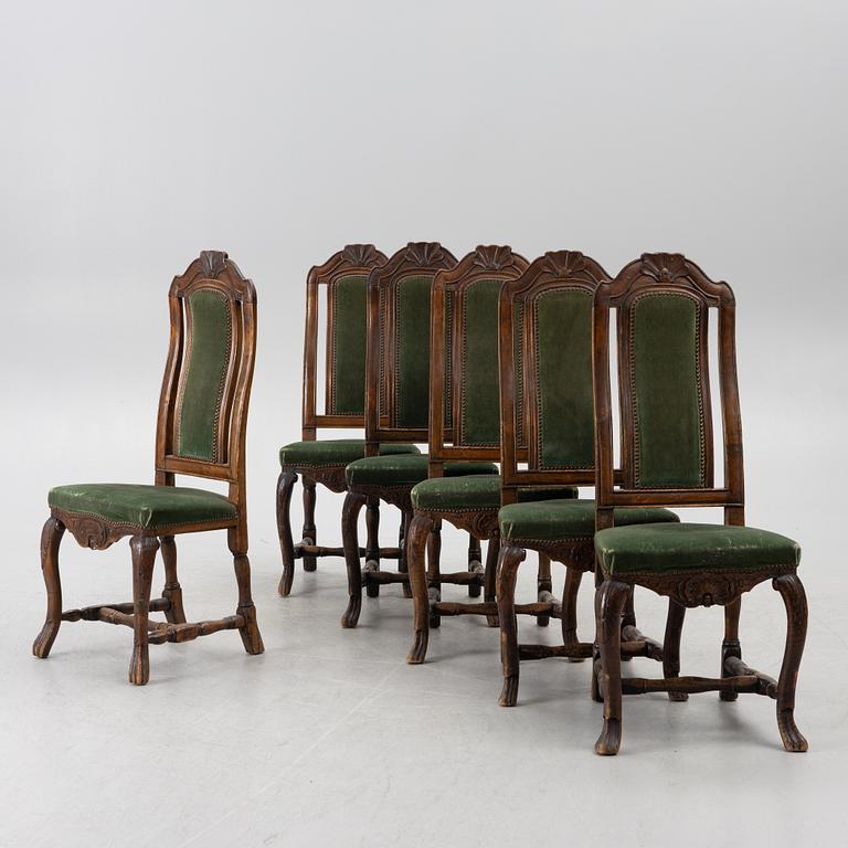 Six late Baroque chairs, 18th century.