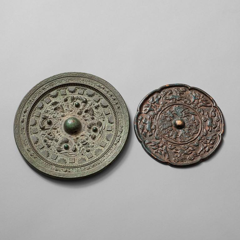 Two bronze mirrors, Six dynasties (220-589) and Tang dynasty (618-907).