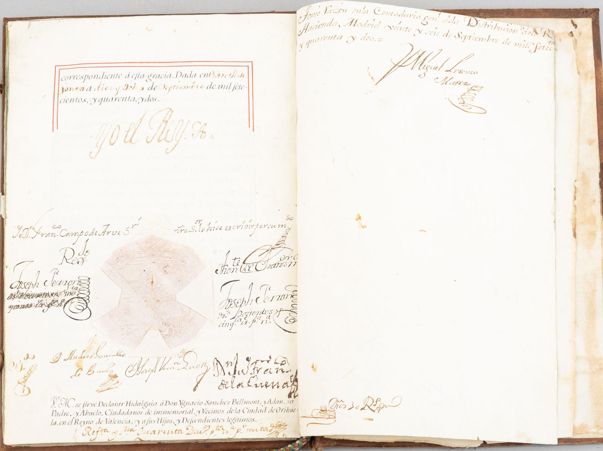 Spanish patent of nobility for the family Sanchez del Bellmont, issued 1742.