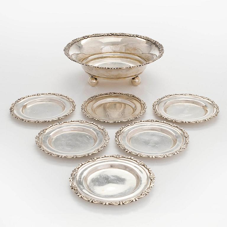 A 20th century silver bowl and six coasters.