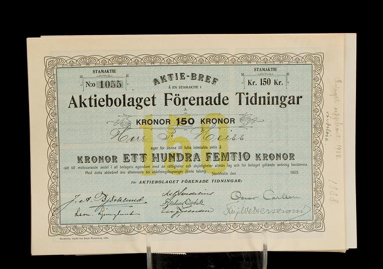 PARTI AKTIEBREV, ca 20 st, bla "Göteborgs Nya Ångslups Aktiebolag", Sverige 1880-1920-tal.