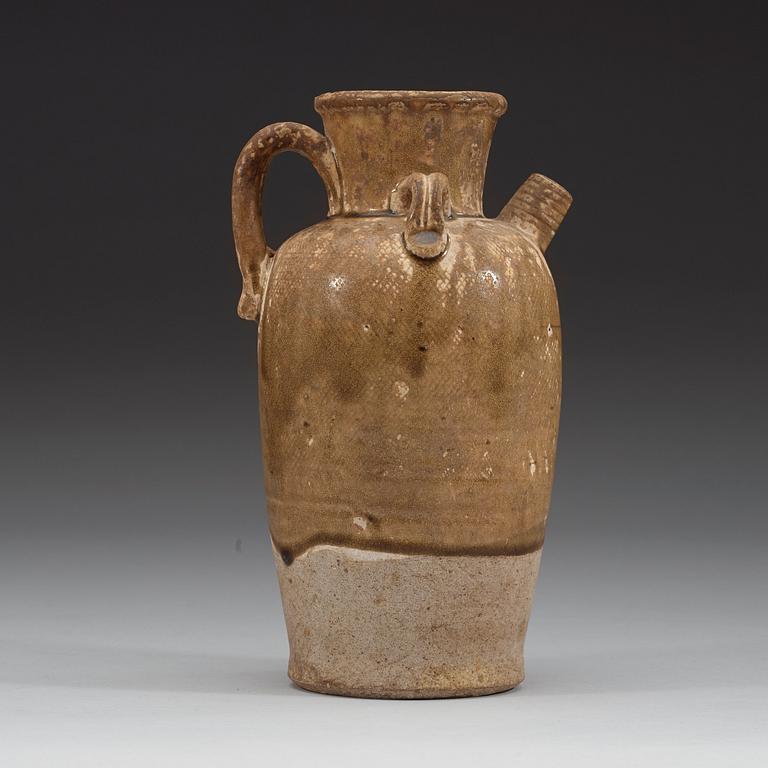 A olive glazed ewer, presumably Liao dynasty (916-1125).