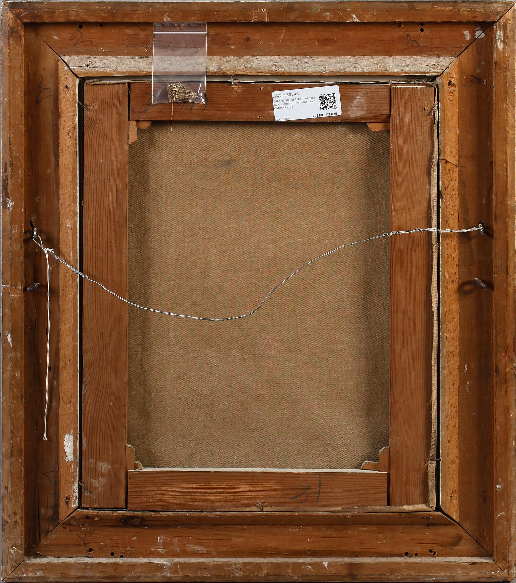 OKÄND KONSTNÄR, olja på duk, signerad F Hayman och daterad 1899.